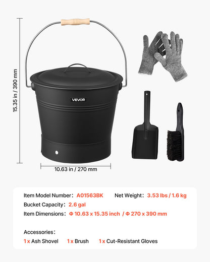 Askhink, 4 st med lock, spade, kvast och handskar, metallkolshink och askbehållare för öppen spis, 9,8 l stor kapacitet för öppen spis, eldgropar, vedeldade kaminer, inomhus och utomhus