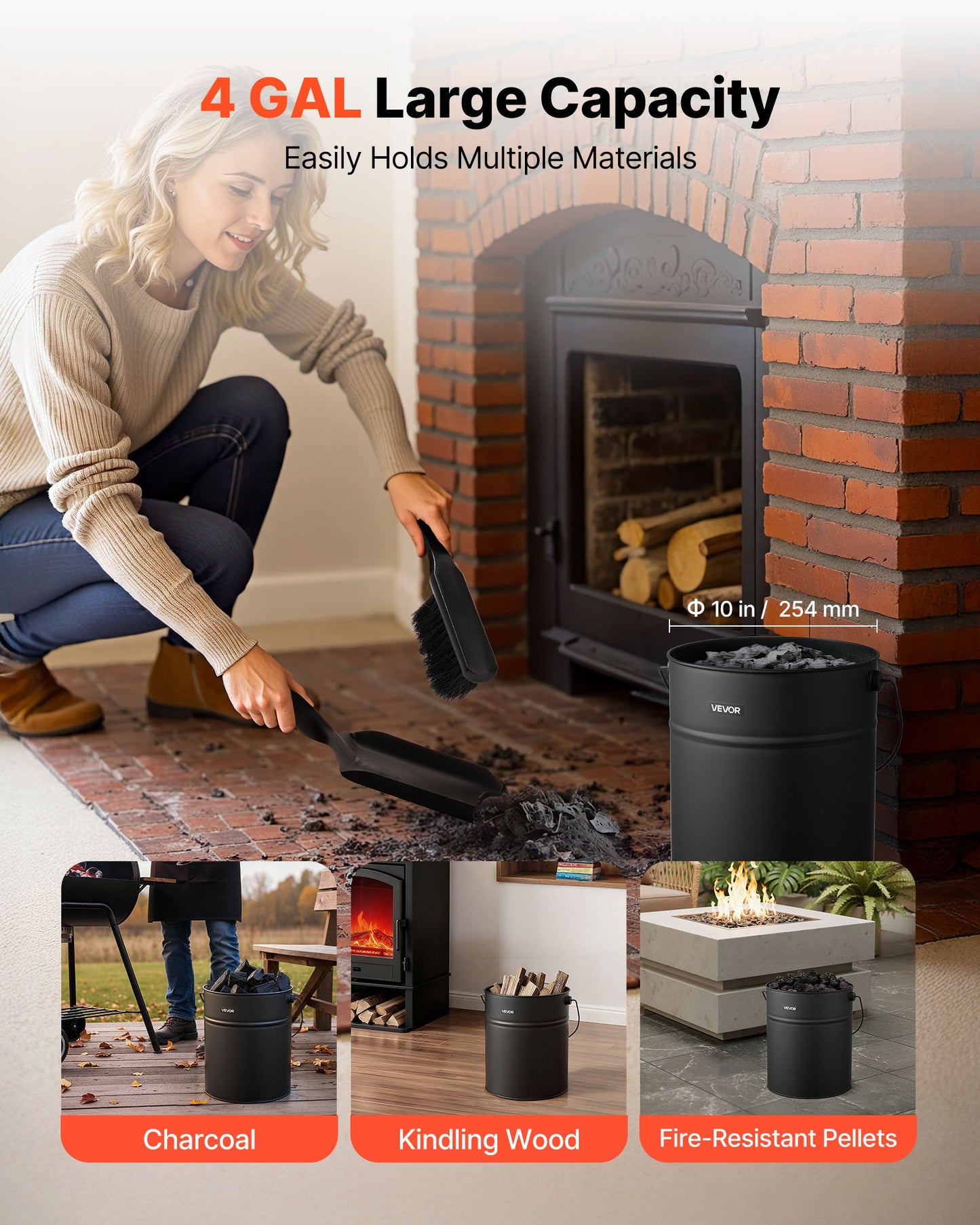 Askhink, 4 st med lock, spade, kvast och handskar, metallkolshink och askbehållare för öppen spis, 15 liter stor kapacitet för öppen spis, eldgropar, vedeldade kaminer, inomhus och utomhus