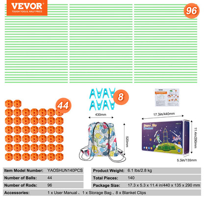 Fort Building Kit for Kids, 140PCS Glow in The Dark STEM Building Toys, Educational Gift for 4 5 6 7 8+ Year Old Boys & Girls Indoor Outdoor Play Tent Construction Toys with 96 Rods and 44 Balls