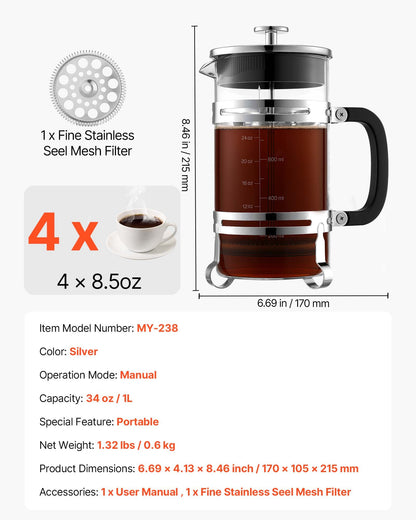 French Press Coffee Maker, 1 Liter Borosilicate Glass Coffee Press Tea Maker with Stainless Steel Filter, Large Glass French Presses Cold Brew for Camping Travel Home Kitchen, Silver
