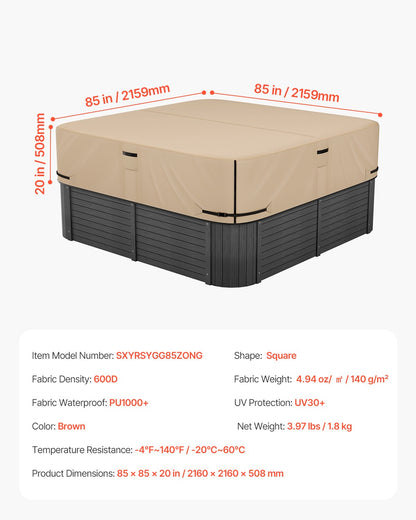 Outdoor Hot Tub Cover, 85x85x20in/2160x2160x508mm Weatherproof & Waterproof Hot Tub Cover Protector, 600D Heavy Duty Oxford Fabric and 950N Tearing Strength, Square Spa Covers for Hottub, Brown