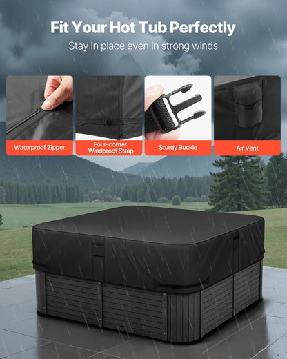 Outdoor Hot Tub Cover, 80x80x20in/2030x2030x508mm Weatherproof & Waterproof Hot Tub Cover Protector, 600D Heavy Duty Oxford Fabric and 950N Tearing Strength, Square Spa Covers for Hottub, Black