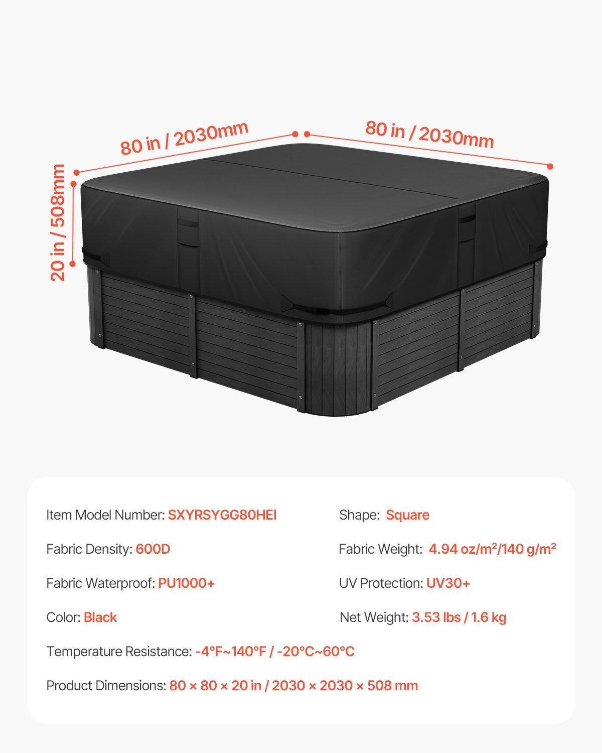 Outdoor Hot Tub Cover, 80x80x20in/2030x2030x508mm Weatherproof & Waterproof Hot Tub Cover Protector, 600D Heavy Duty Oxford Fabric and 950N Tearing Strength, Square Spa Covers for Hottub, Black