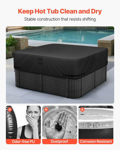 Outdoor Hot Tub Cover, 95x95x20in/2413x2413x508mm Weatherproof & Waterproof Hot Tub Cover Protector, 600D Heavy Duty Oxford Fabric and 950N Tearing Strength, Square Spa Covers for Hottub, Black