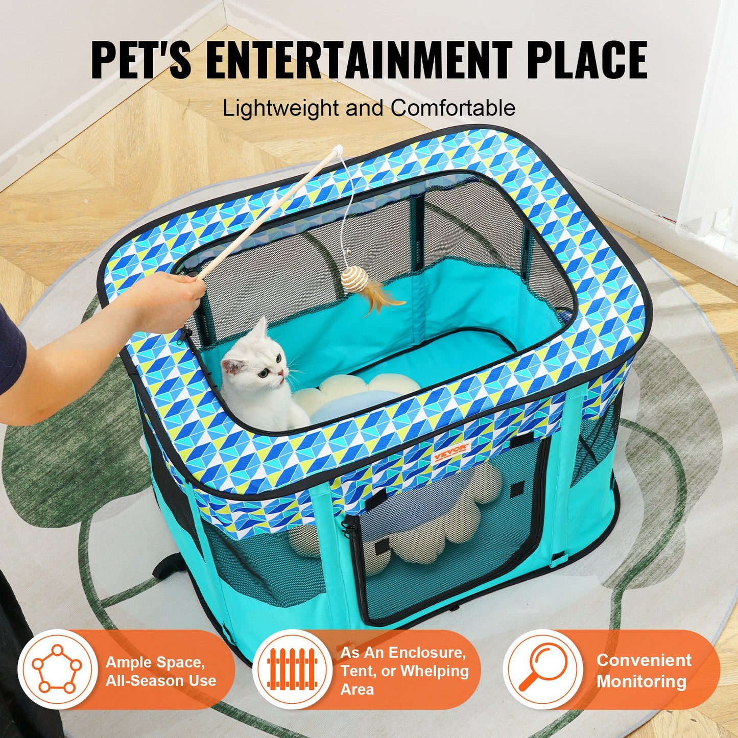 Foldable Pet Playpen, 32'' x 24'' x 22'' Portable Dog Playpen, Crate Kennel for Puppy, Dog, Cat, Waterproof 600D Oxford Cloth, Removable Zipper, for Indoor Outdoor Travel Camping Use (Rectangle,