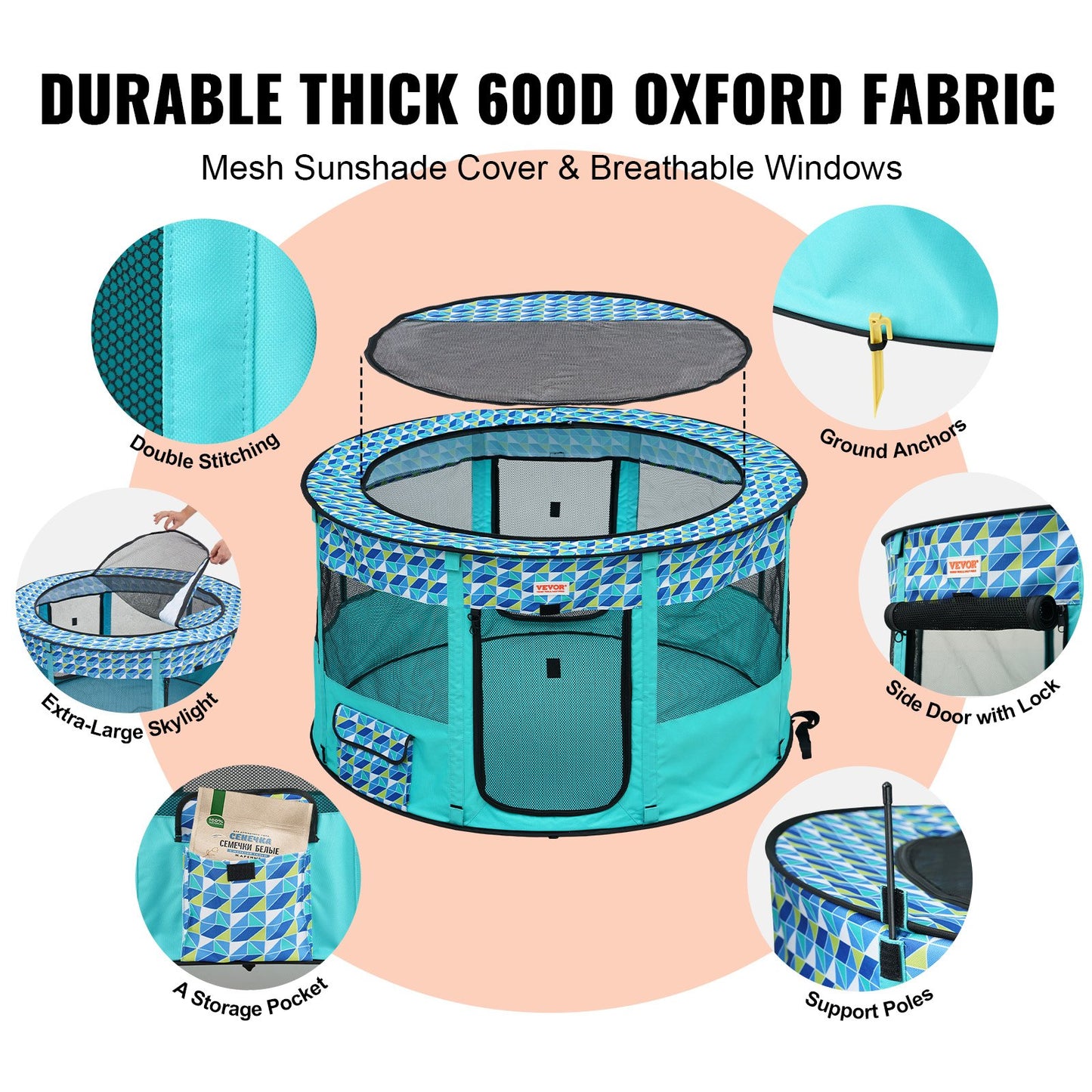 Hopfällbar lekhage för husdjur, 112 x 112 x 61 cm, bärbar lekhage för valpar, hundar, katter, vattentät 600D oxfordtyg, avtagbar dragkedja, för inomhus- och utomhusresor, camping (rund, L)