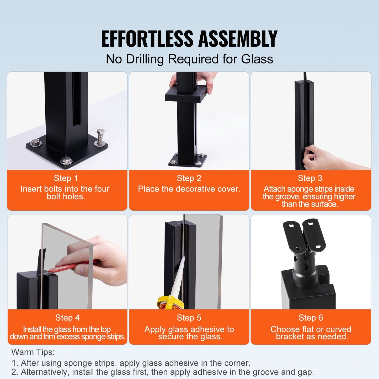 Glass Clamp, 35.83" Height Glass Railing Bracket for 0.39 "-0.47 " Thickness Tempered Glass, 304 Stainless Steel Glass Mounting Clamp, Glass Shelf Bracket for Balcony, Garden, Deck, Stair, Black