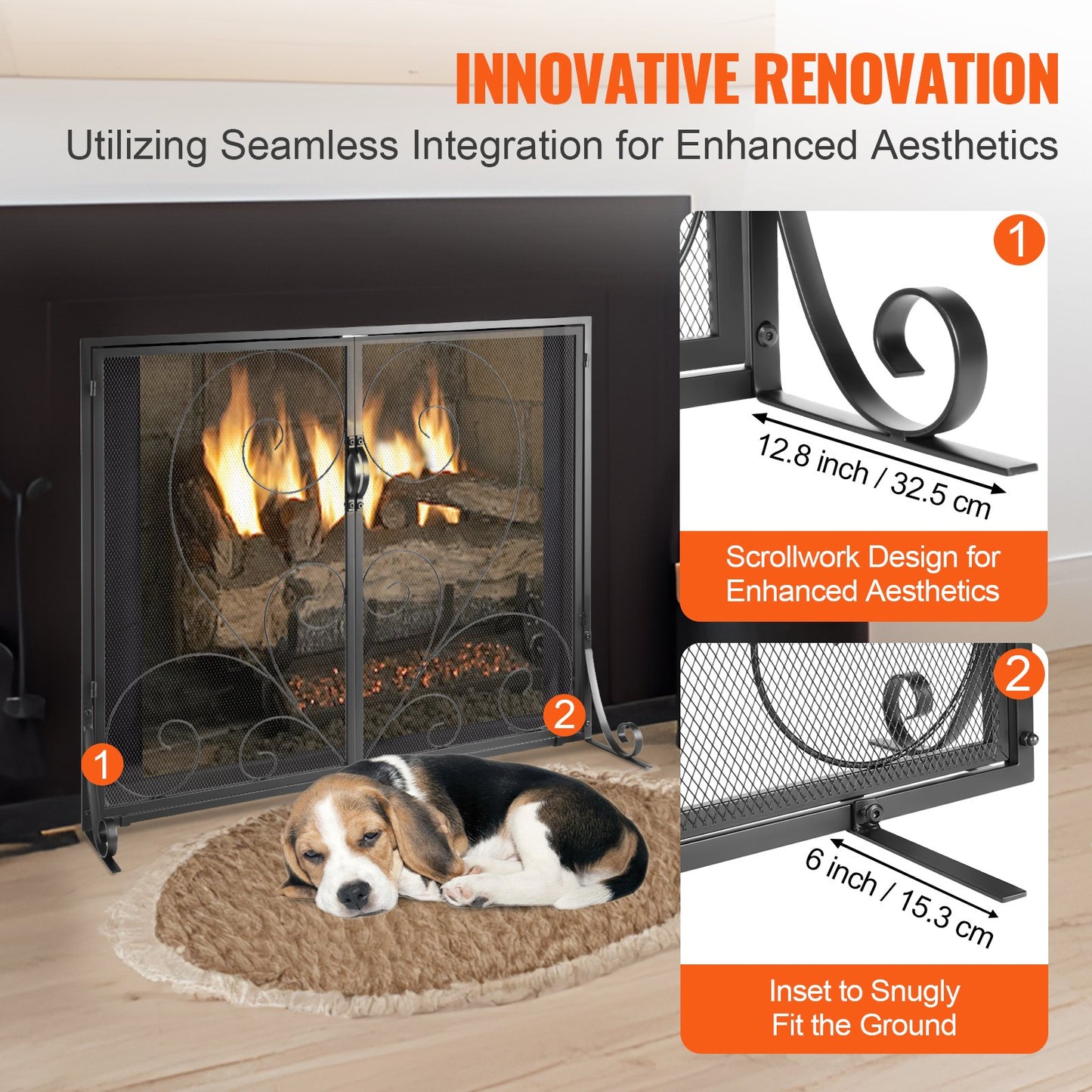 Spisskärm 2 paneler med dörr, robust järnnätsskärm, 990 (L) x 802 (H) MM gnistskydd, enkel installation, fristående brandgaller för vardagsrum, heminredning, vintage