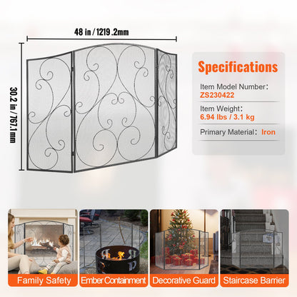 Fireplace Screen 3 Panel, Sturdy Iron Mesh Fireplace Screen, 122(L)x76.7(H)CM Spark Guard Cover, No Assembly Required, Free Standing Fireplace Fence Grate for Living Room Home Decor Vintage