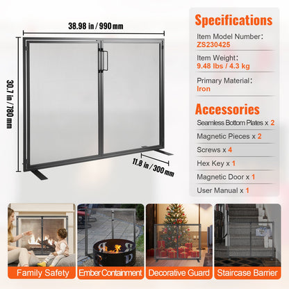 Fireplace Screen 1 Panel with Door, Sturdy Iron Mesh Fireplace Screen, 990(L) x780(H)MM Spark Guard Cover, Simple Installation, Free Standing Fire Fence Grate for Living Room Home Decor Modern