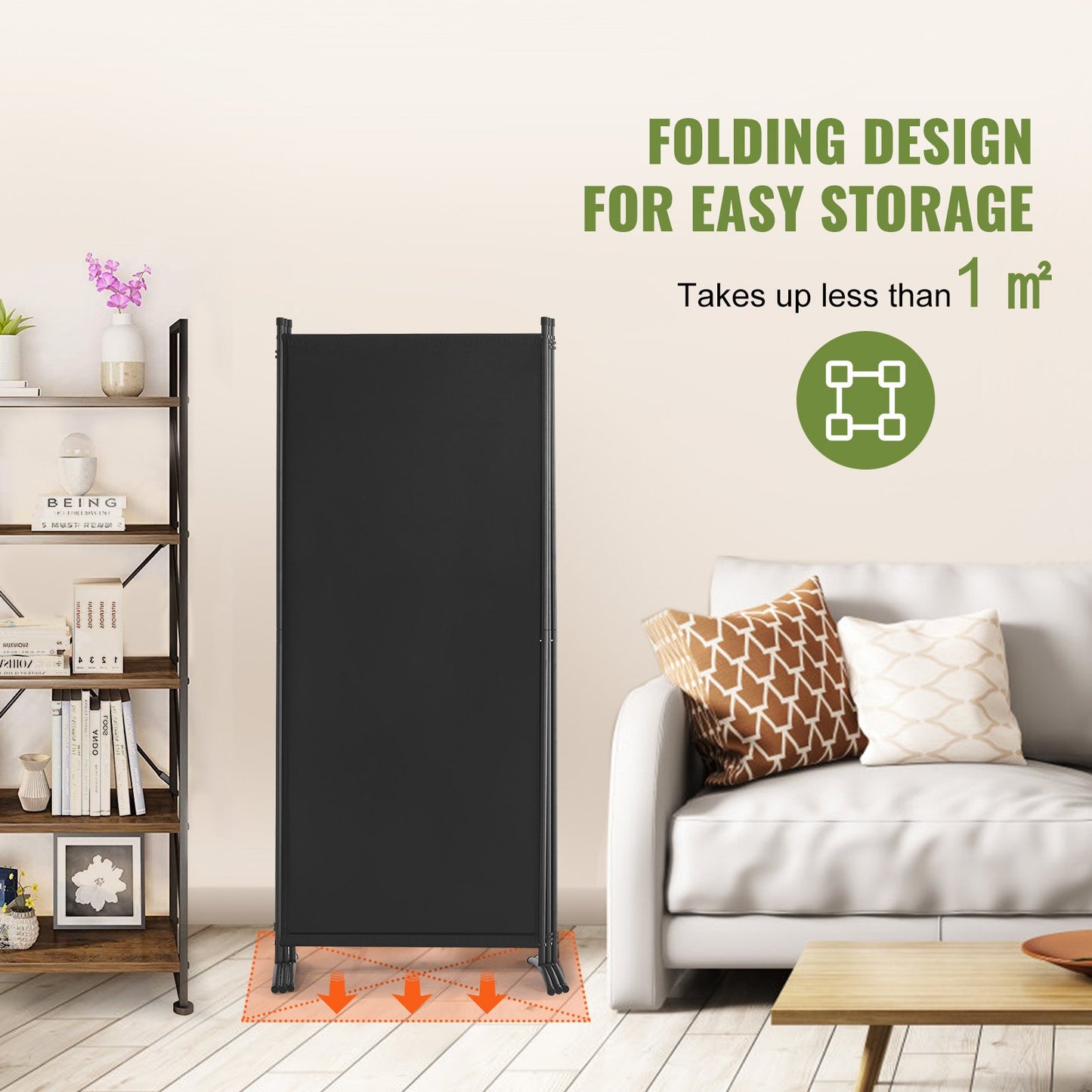Rumsavdelare, 3 paneler och vikbara skärmar, tygavdelare för kontor, sovrum, matsal, arbetsrum, fristående, svart
