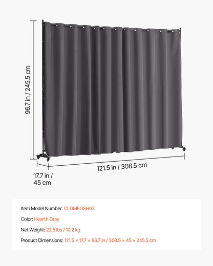 Rumsavdelare, bärbar panelrumsavdelare med hjul, gardinavdelarestativ, fristående rumsavdelare, insynsskydd för kontor, sovrum, matsal, arbetsrum, grå