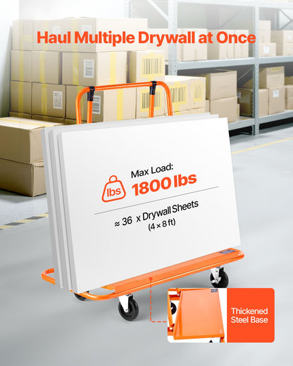 Drywall Cart Dolly, 816 kg Load Capacity, Steel Panel Dolly with 4 Swivel Casters, Durable & Long-lasting, Panel Truck Cart with Tie-Down Strap for Plywood, Plasterboard, Glass, Orange