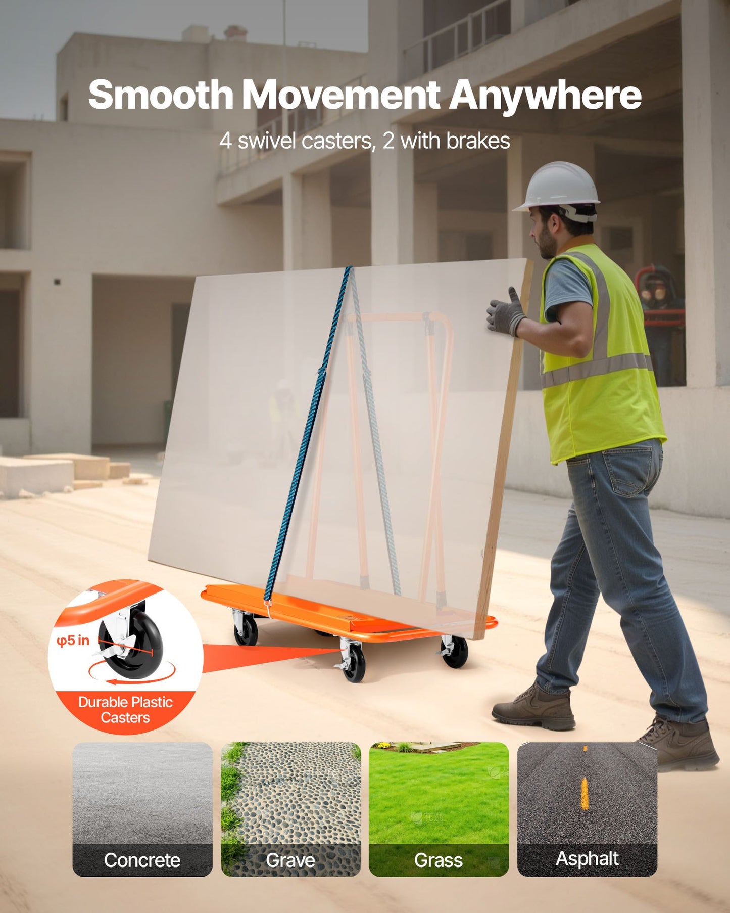 Drywall Cart Dolly, 816 kg Load Capacity, Steel Panel Dolly with 4 Swivel Casters, Durable & Long-lasting, Panel Truck Cart with Tie-Down Strap for Plywood, Plasterboard, Glass, Orange