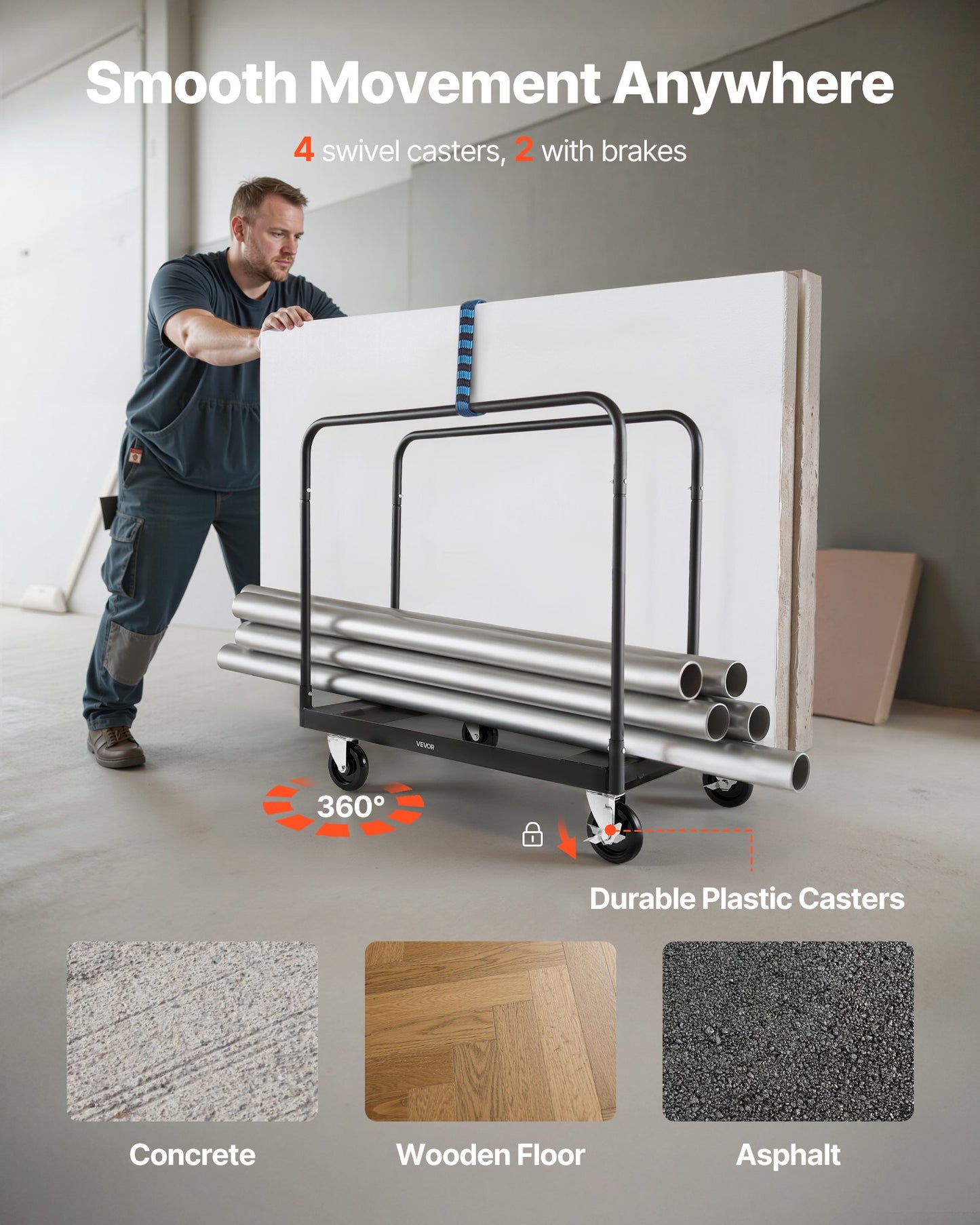 Drywall Cart Dolly, 816 kg Load Capacity, Steel Panel Truck Cart with 12.5 mm Swivel Casters, Lumber Drywall Dolly with with Tie-Down Strap & 3 Side Handrails for Factory, Warehouse, Garage, Black