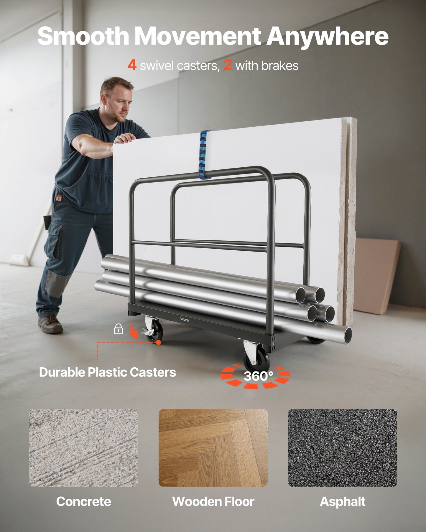 Gipsvagn, 816 kg lastkapacitet, 2-i-1 stålpanelvagn med 12,5 mm svänghjul, 91,4 x 61 cm plattformsvagn med 4 sidoräcken för fabrik, lager, garage, svart