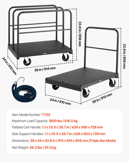 Gipsvagn, 816 kg lastkapacitet, 2-i-1 stålpanelvagn med 12,5 mm svänghjul, 91,4 x 61 cm plattformsvagn med 4 sidoräcken för fabrik, lager, garage, svart
