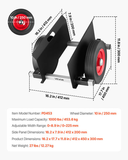 Panelvagn, 453,6 kg lastkapacitet, gipsvagn med 25 cm gummihjul passar olika terränger, justerbar klämpanelvagn för stålpaneler, madrasser, dörrar och gipsskivor, svart