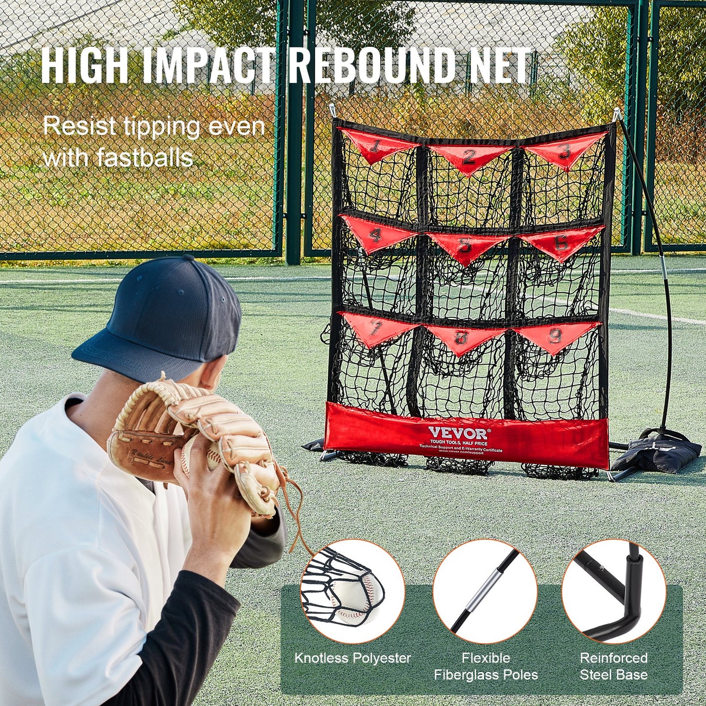 9 Hole Baseball Net, 49"x42" Softball Baseball Training Equipment for Hitting Pitching Practice, Portable Quick Assembly Trainer Aid with Carry Bag, Strike Zone, Ground Stakes, for Youth Adults