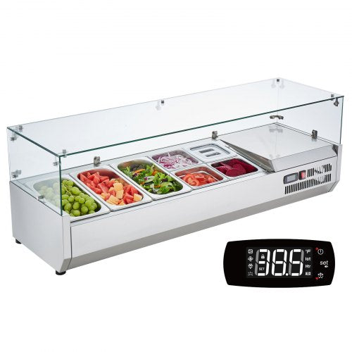 Refrigerated Condiment Prep Station, 150 W Countertop Refrigerated Condiment Station, with 3 1/3 Pans & 4 1/6 Pans, 304 Stainless Body and PC Lid, Sandwich Prep Table with Glass Guard, CE