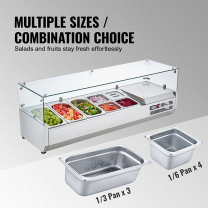 Refrigerated Condiment Prep Station, 150 W Countertop Refrigerated Condiment Station, with 3 1/3 Pans & 4 1/6 Pans, 304 Stainless Body and PC Lid, Sandwich Prep Table with Glass Guard, CE