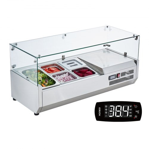 Kyld kryddstation, 140 W kyld kryddstation för bänkskiva, med 1 1/3-form och 4 1/6-formar, hölje i 304 rostfritt stål och PC-lock, sandwichbord med glasskydd, CE
