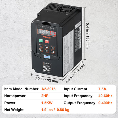 VFD 2HP, 1.5KW, 7.5A, 1 or 3 Phase 220V Input to 3 Phase 220V Output Variable Frequency Drive, 40-60Hz Input, 0-400Hz Output VFD for Spindle Motor CNC Speed Control