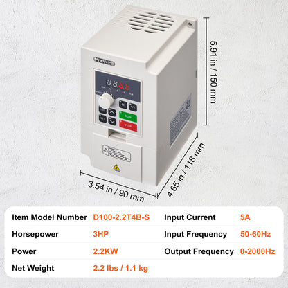 VFD 3HP, 2.2KW, 5A, 3 Phase AC 380V Input to 3 Phase AC 0 - 380V Output Variable Frequency Drive, 50/60Hz Input, 0-2000Hz Output VFD for Spindle Motor Speed Control