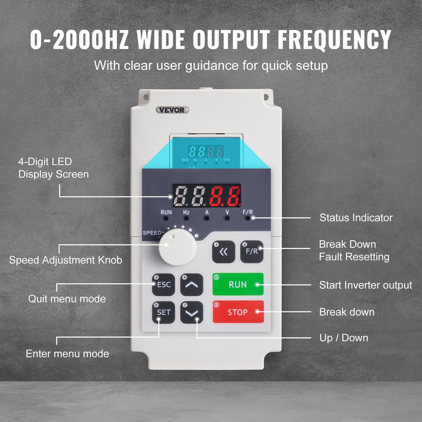 VFD 5HP, 4KW, 8.5A, 3 Phase AC 380V Input to 3 Phase AC 0 - 380V Output Variable Frequency Drive, 50/60Hz Input, 0-2000Hz Output VFD for Spindle Motor Speed Control