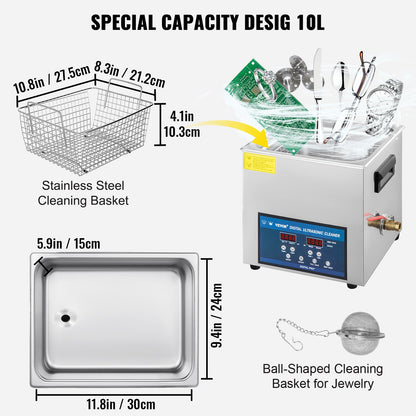 10L Ultrasonic Cleaner Dual Frequency Ultrasonic Cleaning Machine with Heater Jewelry Cleaner for Parts Jewelry Eyeglass Ring Denture Record Circuit Board 28/40KHz