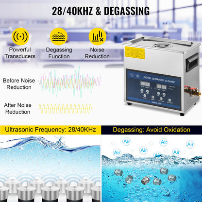 6L Ultrasonic Cleaner Dual Frequency Ultrasonic Cleaning Machine with Heater Jewelry Cleaner for Parts Jewelry Eyeglass Ring Denture Record Circuit Board 28/40KHz