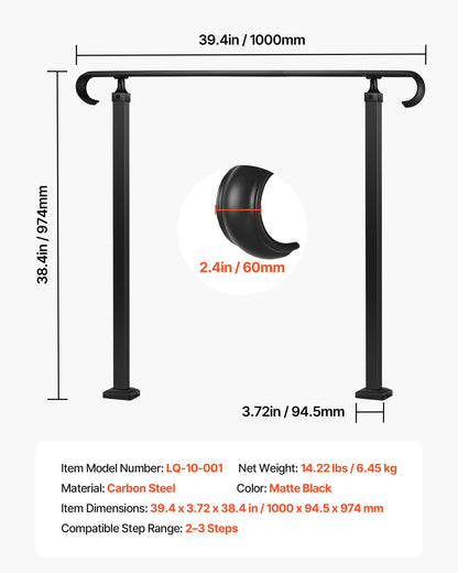 Ledstänger för utomhustrappor, 2-3 steg justerbar höjd, övergångsledstänger i kolstål med installationssats, utvändigt ledstänger för trappor, betong- eller trätrappor, veranda, mattsvart