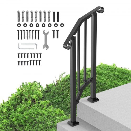 Handrails for Outdoor Steps, 1-2 Step Stair Hand Rail Kit, Transitional Carbon Steel Railings with Installation Kit, Stair Rails for Seniors, Concrete Steps & Porch & Deck, Black Retro Arch