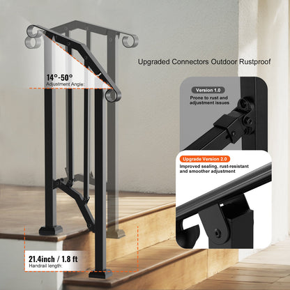 Handrails for Outdoor Steps, 1-2 Step Stair Hand Rail Kit, Transitional Carbon Steel Railings with Installation Kit, Stair Rails for Seniors, Concrete Steps & Porch & Deck, Black Retro Arch