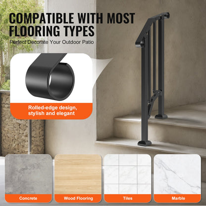 Handrails for Outdoor Steps, 1-2 Step Stair Hand Rail Kit, Transitional Carbon Steel Railings with Installation Kit, Stair Rails for Seniors, Concrete Steps & Porch & Deck, Black Retro Arch