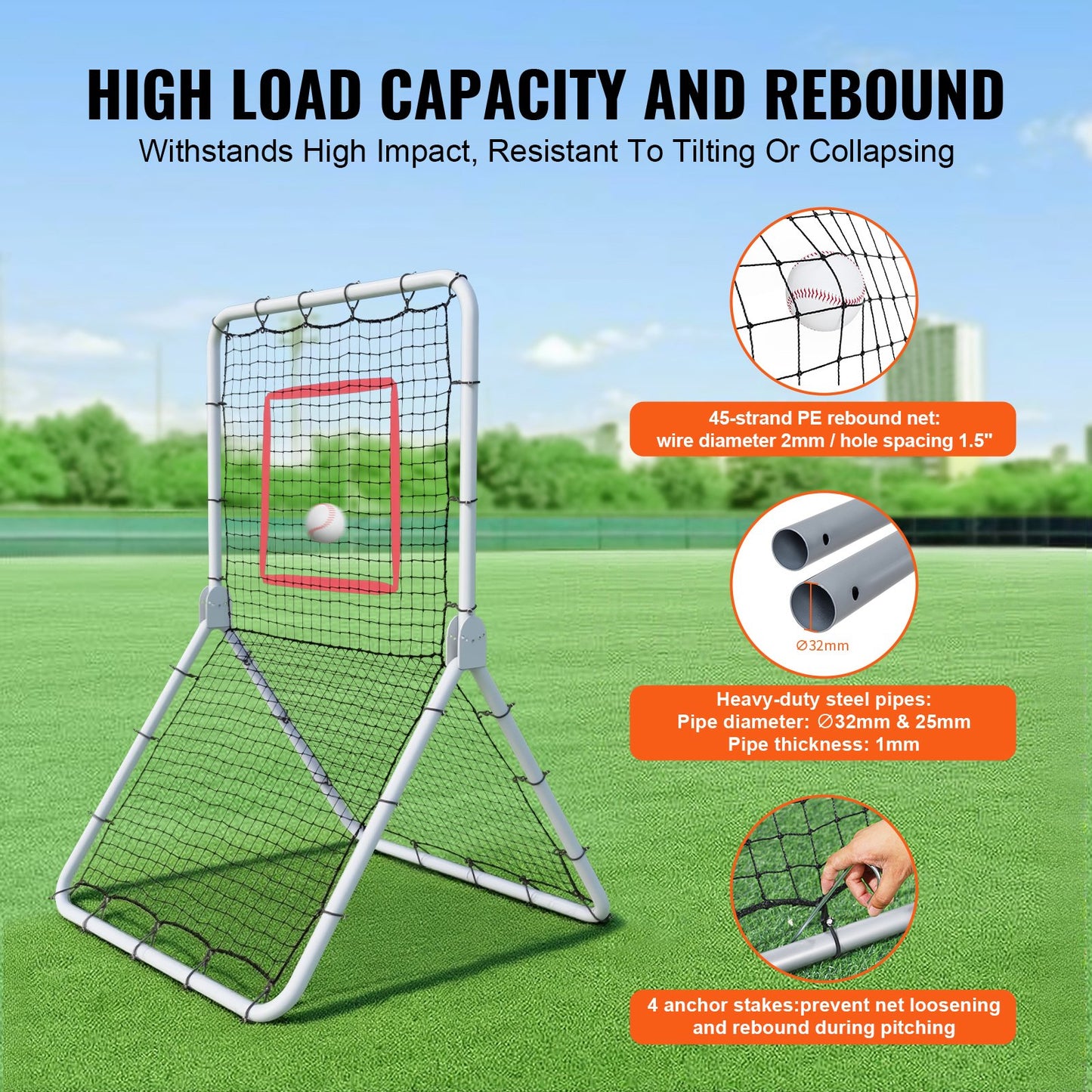 Baseball And Softball Rebounder Net, 3.5 x 6 ft PitchBack Baseball Pitching Nest, Softball Pitchback Net, Fielding Trainer, Bounce Back Net for Fielding/Throwing Practice, 5 Adjustable Angles