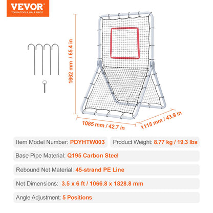Baseball And Softball Rebounder Net, 3.5 x 6 ft PitchBack Baseball Pitching Nest, Softball Pitchback Net, Fielding Trainer, Bounce Back Net for Fielding/Throwing Practice, 5 Adjustable Angles