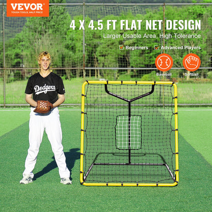 Baseboll- och softbollreboundernät, 4 x 4,5 fot PitchBack-basebollnät för pitching- och fältträning, Pitch Return Trainer-reboundnät med pitchingmål, 4 justerbara vinklar