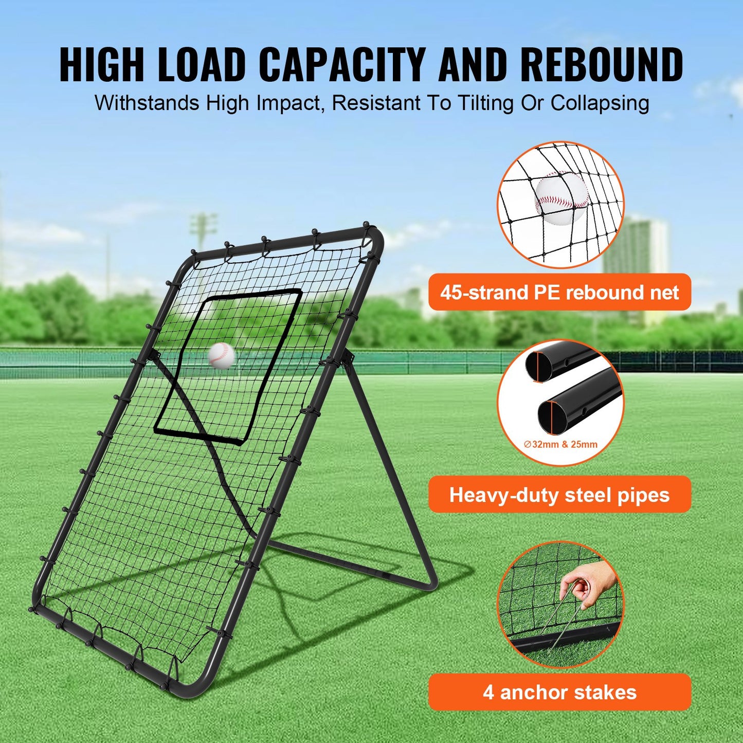 Baseboll- och softbollreboundernät, 4 x 6 fot PitchBack-basebollnät för pitching- och fältträning, Pitch Return Trainer-reboundnät med pitchingmål, 4 justerbara vinklar