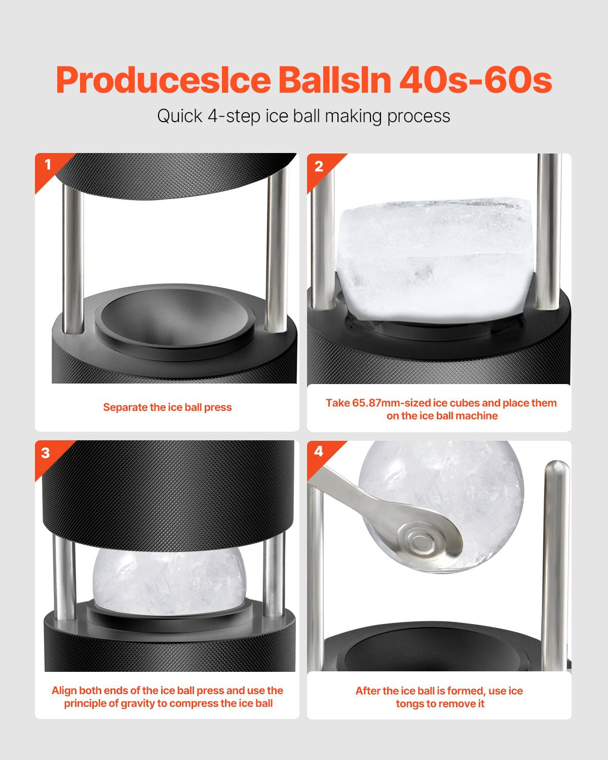 Ice Ball Press Kit, Aviation Aluminum Ice Press with Ice Block Mold, Large Mat, Tong, Drip Tray, One Glass, Round Ice Ball Maker 2.4"/60 mm Ice Sphere, for Whiskey, Cocktail on Party & Holiday