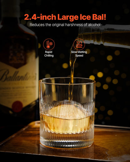 Ice Ball Press Kit, Aviation Aluminum Ice Press with Ice Block Mold, Large Mat, Tong, Drip Tray, One Glass, Round Ice Ball Maker 2.4"/60 mm Ice Sphere, for Whiskey, Cocktail on Party & Holiday