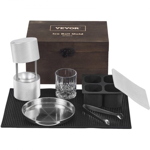 Ice Ball Press Kit, Aircraft Al Alloy Ice Press with Ice Block Mold, Large Mat, Tong, Drip Tray, One Glass, Round Ice Ball Maker 2.4"/60 mm Ice Sphere, for Whiskey, Cocktail on Party & Holiday