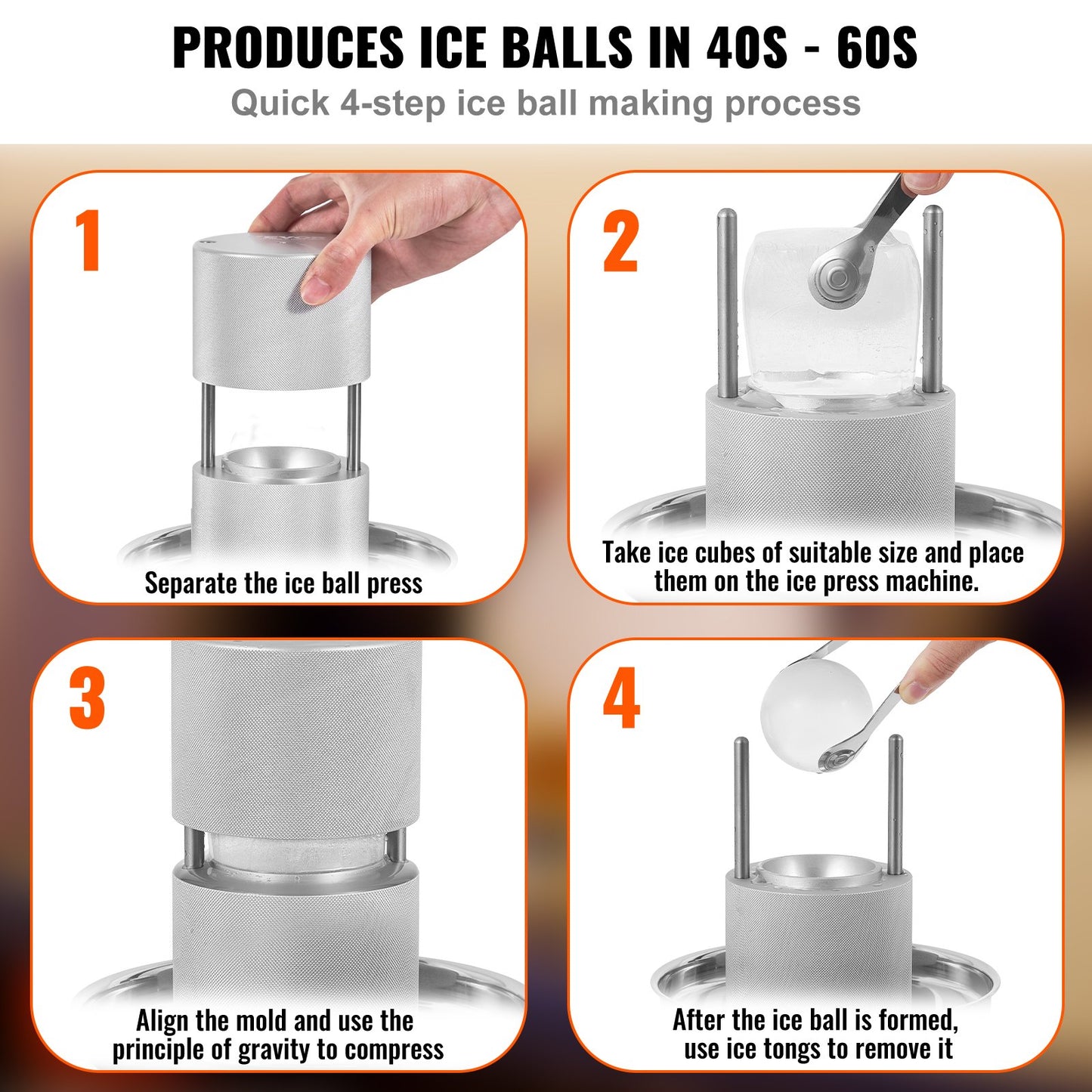 Ice Ball Press Kit, Aircraft Al Alloy Ice Press with Ice Block Mold, Large Mat, Tong, Drip Tray, One Glass, Round Ice Ball Maker 2.4"/60 mm Ice Sphere, for Whiskey, Cocktail on Party & Holiday