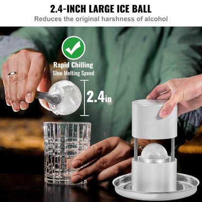 Ice Ball Press Kit, Aircraft Al Alloy Ice Press with Ice Block Mold, Large Mat, Tong, Drip Tray, One Glass, Round Ice Ball Maker 2.4"/60 mm Ice Sphere, for Whiskey, Cocktail on Party & Holiday