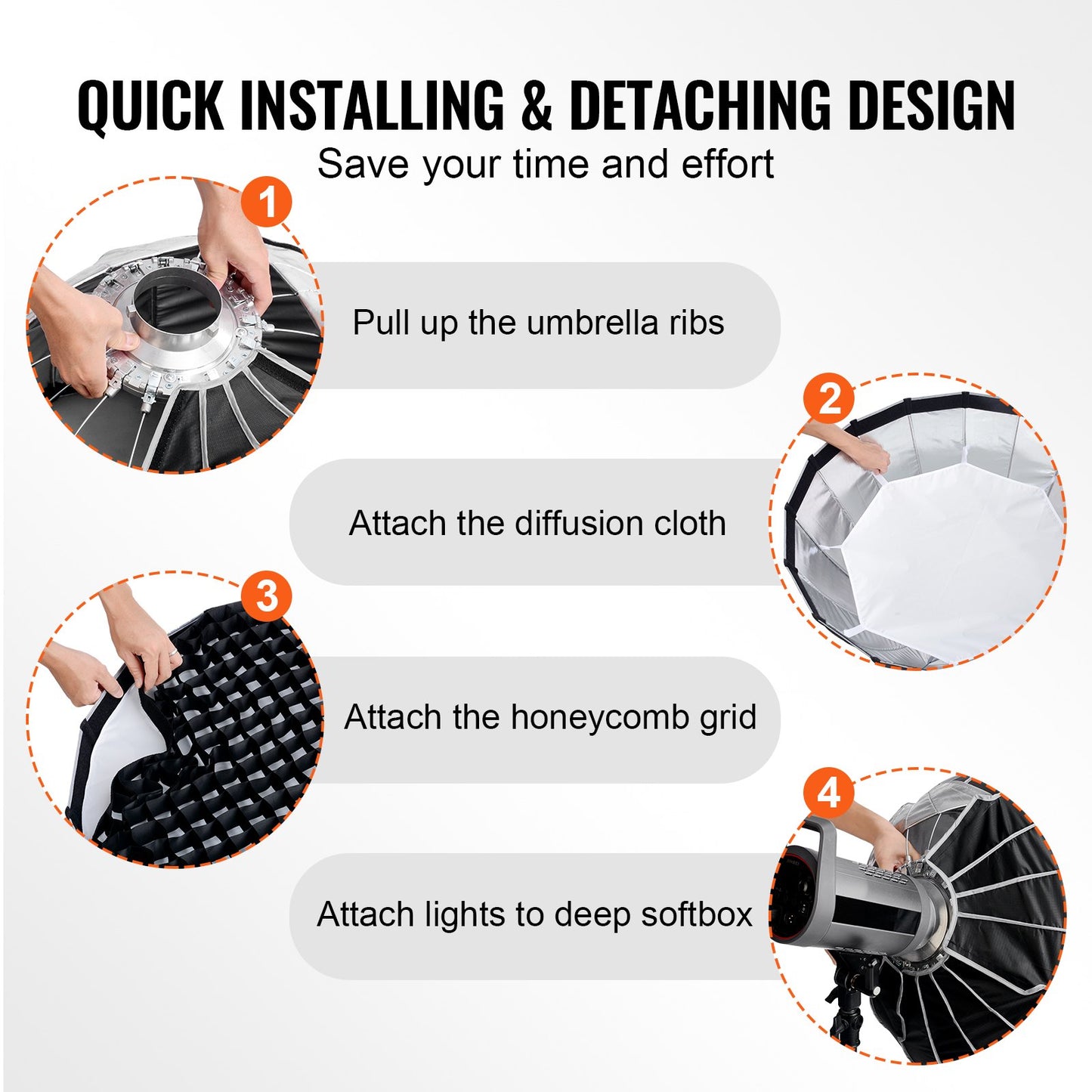 Parabolisk softbox, 850 mm, snabbkoppling och snabbfällning, lätt och bärbar, universal Bowens-fattning, 4 ljuseffekter, passar för professionell fotografering, daglig filmning