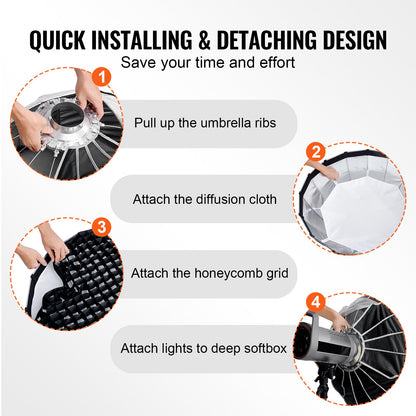 Parabolisk softbox, 850 mm, snabbkoppling och snabbfällning, lätt och bärbar, universal Bowens-fattning, 4 ljuseffekter, passar för professionell fotografering, daglig filmning