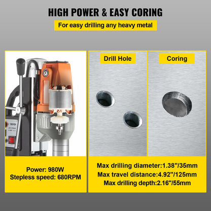 Magnetborrmaskin 220V-240V Magnetisk borrmaskin 980W, Metallborrpress Hög effekt 680 rpm, Multifunktions metallborrpress 35MM Kärnborrmaskin för borrning och gängning