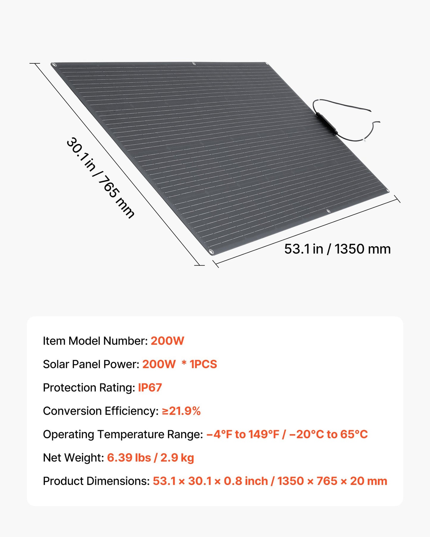 Flexible Solar Panel, 200W Semi-Flexible Bendable Monocrystalline Solar Panel, 21.9% Efficiency Mono Off-Grid Charger with MC4 Output, IP67 Waterproof for Marine RV Car Cabin Curved Surfaces