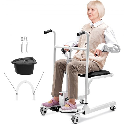 Electric Patient Lift Transfer Chair, One-Button Electric Lift Wheelchair with 180° Split Seat & Bedpan, Bathroom Bedside Commode Chair with Locking Swivel Casters for Seniors Disabled, 220LBS
