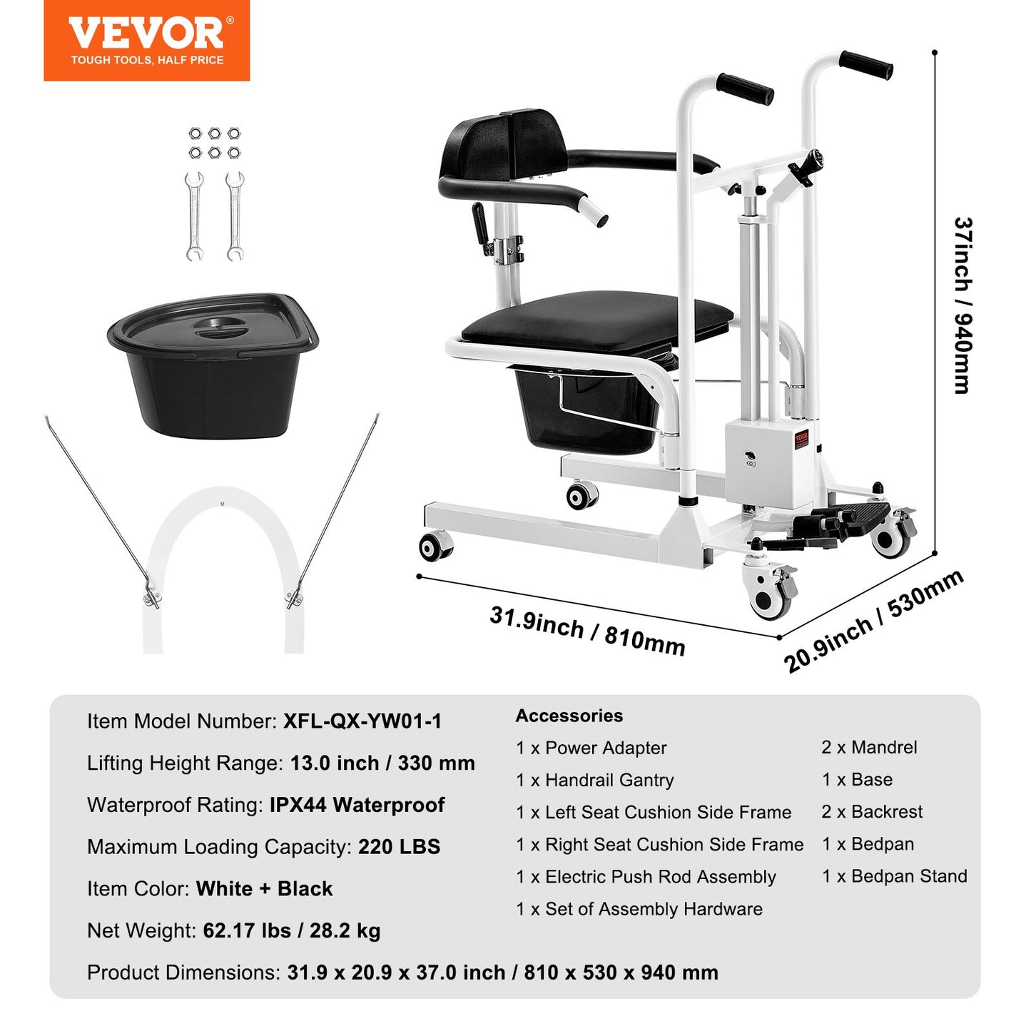 Electric Patient Lift Transfer Chair, One-Button Electric Lift Wheelchair with 180° Split Seat & Bedpan, Bathroom Bedside Commode Chair with Locking Swivel Casters for Seniors Disabled, 220LBS